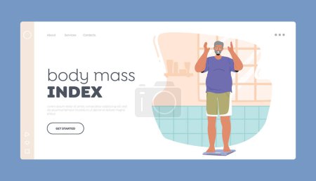 Illustration for Body Mass Index Landing Page Template. Senior Male Character Stand On Scales Surprised with His Weight Gain. Concept for Weight Loss Or Dieting Regimes with Old Man. Cartoon People Vector Illustration - Royalty Free Image