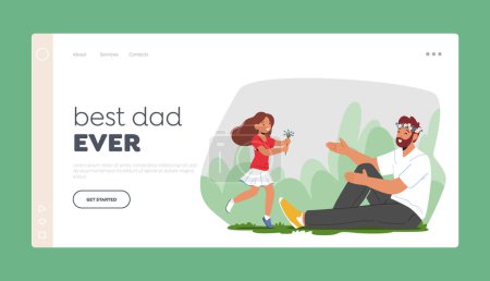 Illustration for Best Dad Ever Landing Page Template. Little Daughter Presenting A Bouquet Of Flowers To Her Daddy On Sunny Meadow. Father-daughter Bonding, Family Values Or Fathers Day. Cartoon Vector Illustration - Royalty Free Image