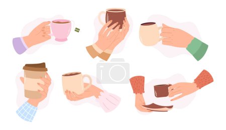Illustration for Set of Hands Grasp Warm Mugs Filled With Steamy Beverages, Concept of Comfort And Coziness For Marketing Products Related To Coffee, Tea Or Hot Chocolate. Cartoon Vector Illustration, Icons - Royalty Free Image