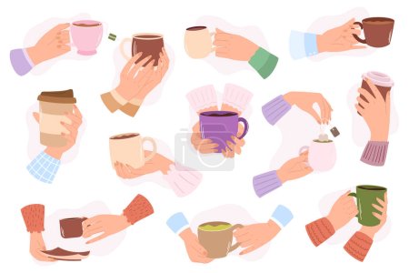 Set of Hands Holding Various Mugs In Different Sizes And Designs. Concept of Drinking Beverages in Comfort. Isolated Icons For Advertising Cozy Coffee Shop, Cafe. Cartoon Vector Illustration
