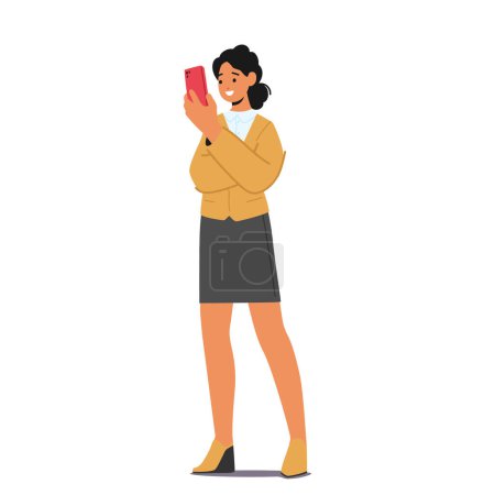 Ilustración de Mujer joven Mira en la pantalla del teléfono móvil, Identificación de Pase o Reconocimiento, Comunicándose a través de la conexión de videoconferencia, Charla de Carácter Femenino o Lectura Sms. Ilustración de vectores de dibujos animados - Imagen libre de derechos