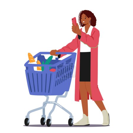 Illustration for Young Woman Use Cellular while doing Shopping in Supermarket. Black Female Teenager Character Texting Sms or Call on Mobile Phone with Trolley full of Products in Store. Cartoon Vector Illustration - Royalty Free Image