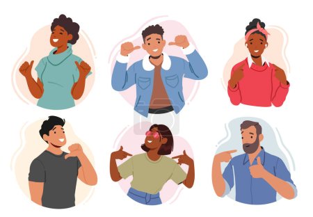 Illustration for Set of Enthusiastic Male and Female Characters Pointing Towards Themselves With Sense Of Pride And Accomplishment. Self-confidence, Positivity, Personal Development. Cartoon People Vector Illustration - Royalty Free Image