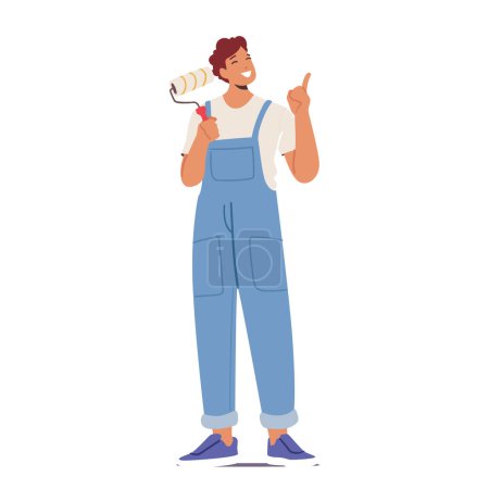 Illustration for Cheerful Male Character with Painting Roll Isolated on White Background. Worker on Blue Overalls Doing Renovation Painting Works, Redecorate Room. Cartoon People Vector Illustration - Royalty Free Image