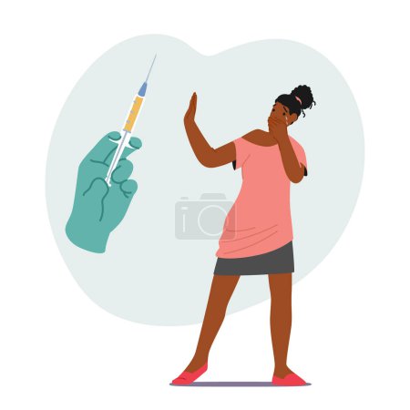 Illustration for Woman Character Displaying Fear And Apprehension At The Sight Of A Needle. Her Body Language And Facial Expression Show She Is Nervous About Receiving An Injection. Cartoon People Vector Illustration - Royalty Free Image