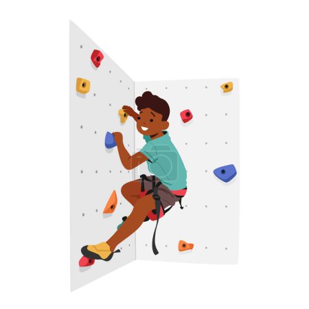 Illustration for Child Conquering A Climbing Wall With Determination And Skill, Supported By Ropes And Harnesses. Little Boy Character Engaged in Physical Activity, Sports Exercise. Cartoon People Vector Illustration - Royalty Free Image