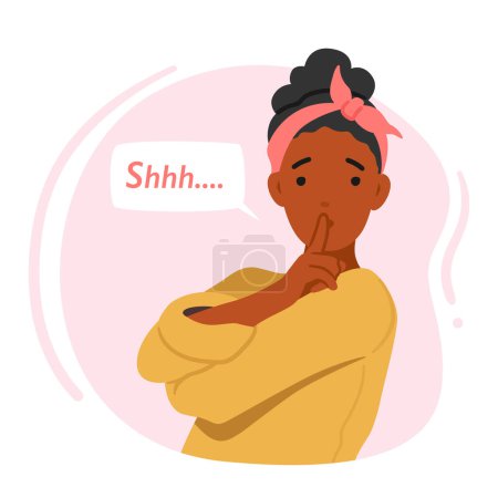 Personaje femenino mostrando el gesto del silencio con un dedo presionado contra su boca, evocando la idea de silencio o quietud, confidencialidad o privacidad. Dibujos animados Gente Vector Ilustración