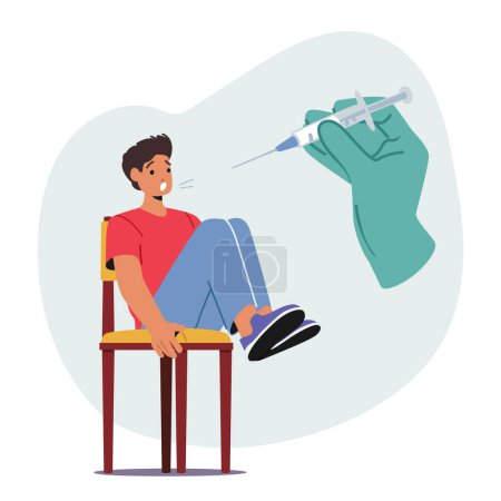 Illustration for Young Man Character Displaying Fear And Apprehension At The Sight Of An Injection. Concept Of Phobias, Fear Of Medical Procedures, Or Anxiety In Medical Settings. Cartoon People Vector Illustration - Royalty Free Image