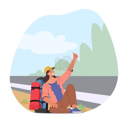 Ilustración de Hitchhiker personaje femenino sentado con la mochila junto a la carretera con un pulgar extendido, en busca de un ascensor. Concepto de libertad, al aire libre, viajes o transporte. Dibujos animados Gente Vector Ilustración - Imagen libre de derechos