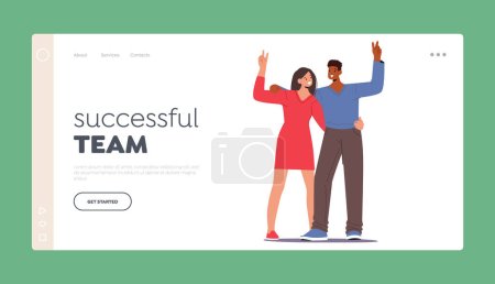 Illustration for Successful Team Landing Page Template. Male and Female Couple Characters Expressing Joy And Triumph With A Victory Gesture and Faces Radiate Happiness, Achievement. Cartoon People Vector Illustration - Royalty Free Image