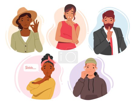 Set of Male and Female Characters Expressing Silence Using Hand Gestures, Such As Placing Finger On Lips. Concept Of Secrecy, Confidentiality, Or Respectful Silence. Cartoon People Vector Illustration