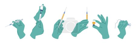 Illustration for Set of Hands in Rubber Gloves Holding Syringes Filled With Liquid. Medical Icons For Vaccinations, Blood Draws, Or Injections, Healthcare, Clinic and Hospital Services. Cartoon Vector Illustration - Royalty Free Image