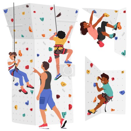 Conjunto de personajes infantiles escala un muro de escalada con la ayuda de su entrenador. Concepto de emoción de aventura al aire libre, actividad física saludable y promoción de trabajo en equipo. Dibujos animados Gente Vector Ilustración