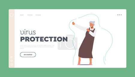Illustration for Virus Protection Landing Page Template. Senior Female Character Surrounded By A Robust Immunity Shield That Protects From Germs. Immunity-boosting Concept. Cartoon People Vector Illustration - Royalty Free Image