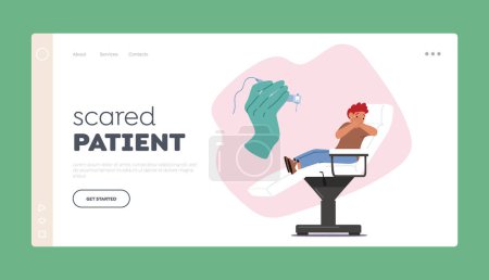 Illustration for Scared Patient Landing Page Template. Little Boy Character Feel Fear Of The Injection and Crying At The Dentist Cabinet. Common Childhood Fear, Pediatric Healthcare. Cartoon People Vector Illustration - Royalty Free Image