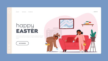Illustration for Easter Events Landing Page Template. Kids Eagerly Search For Colorful Easter Eggs In Their Home. Concept of Excitement Of The Holiday, Family Activities. Cartoon People Vector Illustration - Royalty Free Image