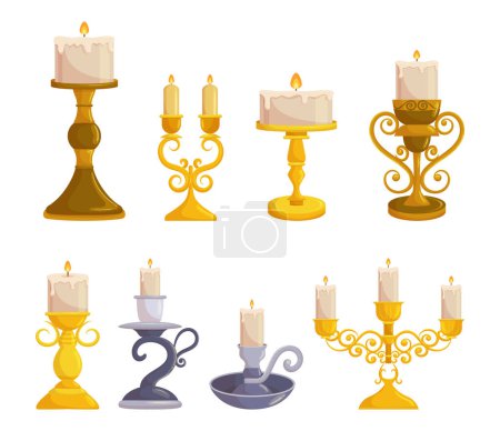 Vintage Candleholder Set Made Of Iron With Ornate Designs And Intricate Details. It Can Serve As A Stunning Centerpiece Or Add Elegance To Any Room With Its Rustic Charm. Cartoon Vector Illustration