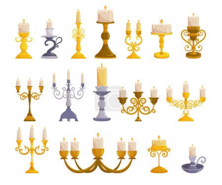 Illustration for Set of Vintage Candleholders Featuring Ornate Designs And Delicate Craftsmanship In A Variety Of Styles And Sizes, Perfect For Creating An Intimate And Cozy Atmosphere. Cartoon Vector Illustration - Royalty Free Image