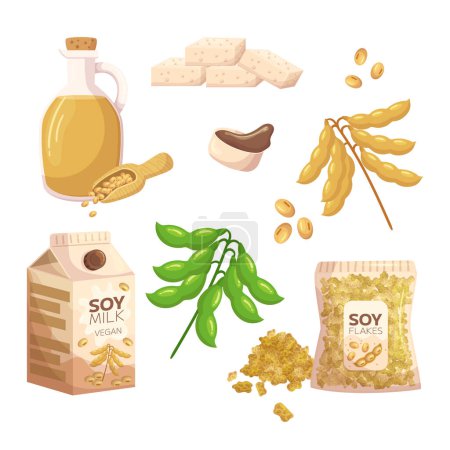 Illustration for Set of Soy Products such as Tofu, Soy Milk and Flakes, Edamame Beans, Soy Sauce, Oil And Tempeh. Vegetarian Or Vegan Diet, Healthy Nutrition Isolated Icons for Health. Cartoon Vector Illustration - Royalty Free Image