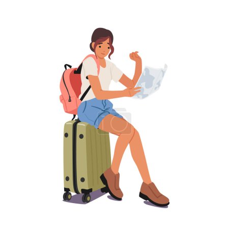 Junge Frau sitzt auf einem Koffer und hält eine Landkarte mit offensivem Ausdruck in der Hand, die ihr nächstes Abenteuer plant. Image Ideal für Reise-bezogene Inhalte, Blog oder Werbematerialien. Zeichentrickvektorillustration
