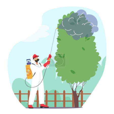 Illustration for Pest Control Service Uses Spraying Techniques To Eliminate Pests And Rodents In A Garden. Character Uses Natural Or Chemical Remedies To Prevent Damage To Plants And Crops. Cartoon Vector Illustration - Royalty Free Image
