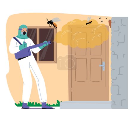 Illustration for Pest Control Service Effectively Tackles Wasp Infestation At Cottage House. Professional Worker Utilizing Effective Methods And Techniques To Eliminate The Insects Swarm. Cartoon Vector Illustration - Royalty Free Image