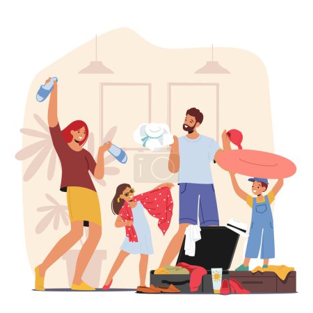 Illustration for Young Family With Kids Packing Suitcase Organizing Their Belongings And Getting Ready For A Trip. Image Portrays The Excitement And Anticipation Of Embarking On A Journey Cartoon Vector Illustration - Royalty Free Image