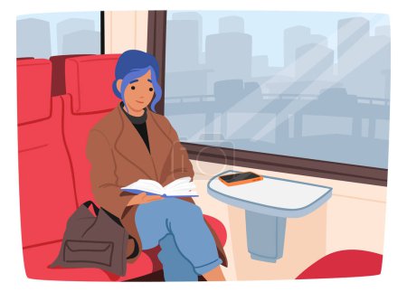 Illustration for Young Woman, Engrossed In A Book, Sitting In A Train Carriage with Cityscape Background Blurs Into Motion, Female Character Reading Promoting Relaxation Or Travel Content. Cartoon Vector Illustration - Royalty Free Image
