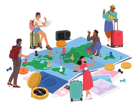 Illustration for Group Of People Gather Around Huge World Map, Pointing Out Locations And Discussing Travel Plans. Travel around the World, Global Awareness And Multiculturalism Concept. Cartoon Vector Illustration - Royalty Free Image