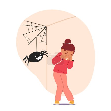 Illustration for Child Character Experiences Arachnophobia, Displaying An Irrational And Intense Fear Of Spiders. The Image Is Ideal For Psychology Or Mental Health-related Content. Cartoon People Vector Illustration - Royalty Free Image