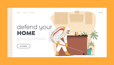Illustration for Defend your Home Landing Page Template. Pest Control Service Works To Eradicate Pests Such As Ants, Cockroaches, And Rodents From A Kitchen To Maintain Hygiene. Cartoon Vector Illustration - Royalty Free Image