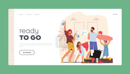 Illustration for Ready to Go Landing Page Template. Young Family With Kids Packing Suitcase Organizing Their Belongings And Getting Ready For A Trip. Excitement Of Embarking On A Journey. Cartoon Vector Illustration - Royalty Free Image