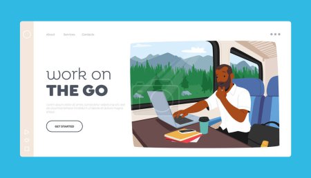 Illustration for Work on the Go Landing Page Template. Man Using A Laptop While On A Train Commute. He Appears Focused And Productive Despite The Moving Vehicle. Remote Work Productivity. Cartoon Vector Illustration - Royalty Free Image
