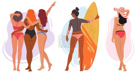 Women Characters In Swimsuits Standing On Beach View From Behind. The Image Captures The Beauty Of Female Body, Can Be Used For Fashion, Travel Or Vacation Content. Cartoon People Vector Illustration
