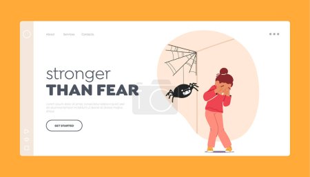 Illustration for Intense Fear Of Spiders Landing Page Template. Child Character Experiences Arachnophobia. The Image Is Ideal For Psychology Or Mental Health-related Content. Cartoon People Vector Illustration - Royalty Free Image