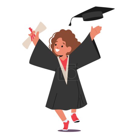 Ilustración de Happy Kid personaje vestido con un vestido de graduación y la tapa, recibe el grado con una sonrisa radiante aislado en el fondo blanco. Niña soltero celebrar el éxito. Dibujos animados Gente Vector Ilustración - Imagen libre de derechos