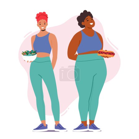 La mujer delgada sostiene la ensalada sana, irradia buena salud y condición física, mientras que una mujer pesada sostiene la comida rápida. Personajes femeninos destacando los riesgos de una dieta poco saludable. Dibujos animados Gente Vector Ilustración
