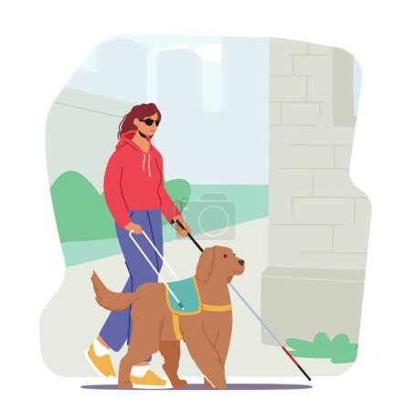 Carácter femenino ciego con un perro guía pasea confiadamente por la calle, con bastón y perro guiando el camino y la mujer siguiendo de cerca. Dibujos animados Gente Vector Ilustración