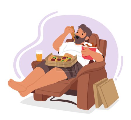 Illustration for Man Character With Obsessive Eating Is Depicted Lying on Armchair, Consuming Excessive Amounts Of Fast Food And Facing The Negative Consequences Of His Addiction. Cartoon People Vector Illustration - Royalty Free Image