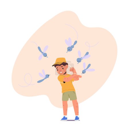 Illustration for Mosquitoes Bite Kid Causing Red Bumps, Itching, And Swelling. It Can Also Lead To Allergic Reactions And The Transmission Of Diseases Like Dengue, Malaria, And Zika. Cartoon People Vector Illustration - Royalty Free Image