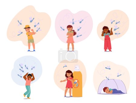 Set of Children Suffer from Mosquito Bites, Little Boys and Girls Characters Protected with Repellent and Special Net from Insects. Health Care Protection Concept. Cartoon People Vector Illustration