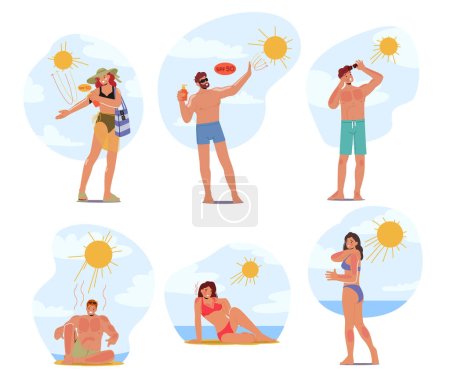 Illustration for Male and Female Characters On Beach With Skin Sunburn, Experiencing Pain, Redness And Peeling Due To Exposure To Sun Rays Without Proper Protection Or Sunscreen. Cartoon People Vector Illustration - Royalty Free Image