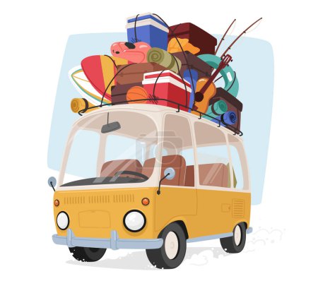 Illustration for Retro Car With Luggage Atop, Ready For Adventure. Packed For Travel, Roof Loaded With Bags, Gear, Concept of Summer Travel, Excitement For The Open Road Ahead. Cartoon Vector Illustration - Royalty Free Image