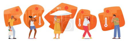 Young and Senior Characters Experience Discomfort Due To Heat, Sweating, Dehydration, Fatigue, Sunburn, Heat Exhaustion And Heatstroke During Hot Weather Conditions. Cartoon People Vector Illustration