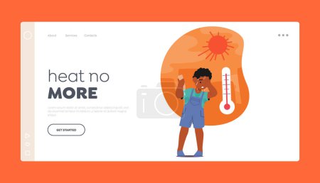 Illustration for Heat No More Landing Page Template. Sweating And Crying In Discomfort, Little Boy Character Suffer From Heat Exhaustion Trying to Get Last Drop of Water From Bottle. Cartoon People Vector Illustration - Royalty Free Image