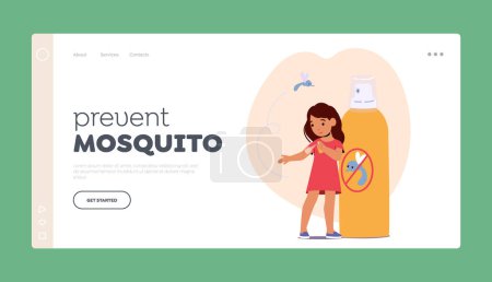 Prevent Mosquito Landing Page Template. Little Girl Character Use Repellent for Mosquitoes Protection made of Natural Ingredients, Designed To Prevent Insect Bites. Cartoon People Vector Illustration