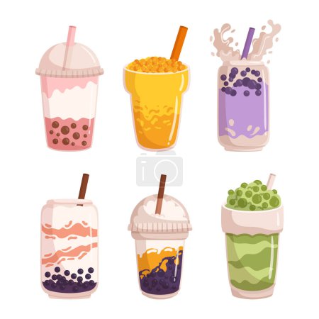Illustration for Bubble Tea Set Includes Variety Of Flavored Teas, Tapioca Pearls, And Colorful Straws For Fun And Refreshing Drink Experience. Perfect For Enjoying Popular Asian Beverage. Cartoon Vector Illustration - Royalty Free Image
