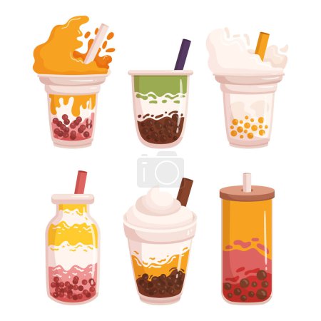 Illustration for Assorted Bubble Tea. Variety Of Sweet And Refreshing Beverages Made With Flavored Tea, Milk, And Chewy Tapioca Pearls. Perfect For A Unique And Fun Drink Experience. Cartoon Vector Illustration - Royalty Free Image