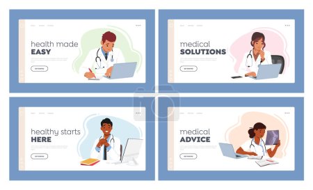 Illustration for Young Doctor Landing Page Template Set. Male and Female Characters Seated At A Desk With Laptop, Studying And Analyzing Patient Data, Enhance Medical Knowledge. Cartoon People Vector Illustration - Royalty Free Image