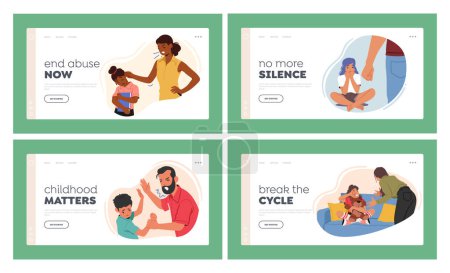 Illustration for Parents Abuse Their Children Landing Page Template Set. Domestic Violence Cause Emotional And Psychological Harm, Leading To Low Self-esteem, Anxiety, Long-term Trauma. Cartoon Vector Illustration - Royalty Free Image